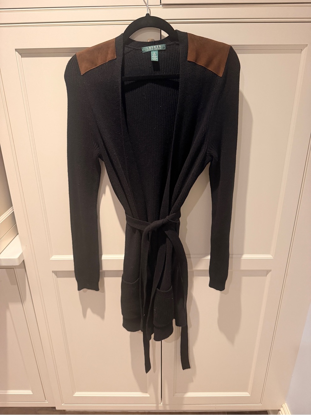 Ralph Lauren Black Knit Belted Cardigan with Brown Shoulder Accents